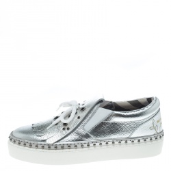 Pre Owned Burberry Metallic Silver Kiltie Fringe Detail Slip On Sneakers Size 39