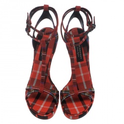 Burberry Red Checkered Wool Hans T Strap Sandals Size 40