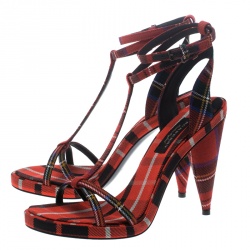 Burberry Red Checkered Wool Hans T Strap Sandals Size 40