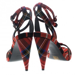 Burberry Red Checkered Wool Hans T Strap Sandals Size 40