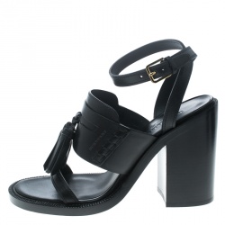 Pre Owned Burberry Black Leather Bethany Tassel Detail Block Heel Sandals Size 38