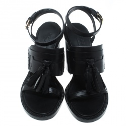 Pre Owned Burberry Black Leather Bethany Tassel Detail Block Heel Sandals Size 38