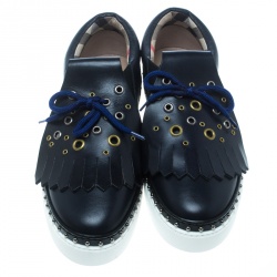 مملوكة مسبقًا Burberry Navy Blue Leather Kiltie Fringe Slip On Sneakers Size  38.5