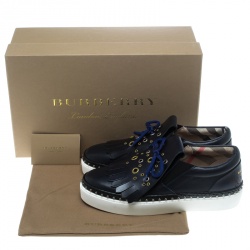 مملوكة مسبقًا Burberry Navy Blue Leather Kiltie Fringe Slip On Sneakers Size  38.5