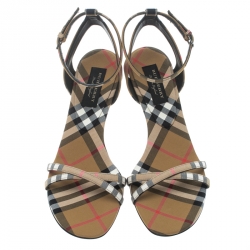 Burberry Beige Novacheck Fabric Hansel Cross Strap Cone Heel Open Toe Sandals Size 38.5
