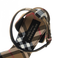 Burberry Beige Novacheck Fabric Hansel Cross Strap Cone Heel Open Toe Sandals Size 38.5