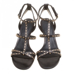 Pre Owned Burberry Black Leather Studded Hansel Cone Heel T Strap Sandals Size 39