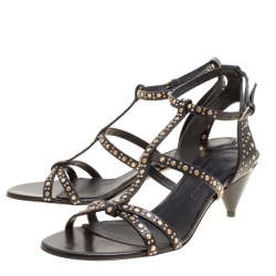 Pre Owned Burberry Black Leather Studded Hansel Cone Heel T Strap Sandals Size 39