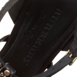 Pre Owned Burberry Black Leather Studded Hansel Cone Heel T Strap Sandals Size 39