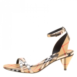 Burberry Beige Novacheck Fabric Hansel Cross Strap Cone Heel Open Toe Sandals Size 36