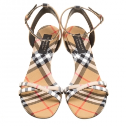 Burberry Beige Novacheck Fabric Hansel Cross Strap Cone Heel Open Toe Sandals Size 36