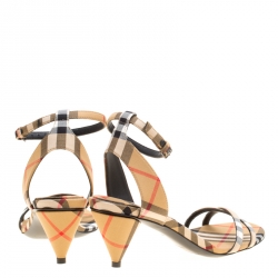 Burberry Beige Novacheck Fabric Hansel Cross Strap Cone Heel Open Toe Sandals Size 36