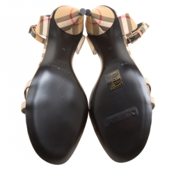 Burberry Beige Novacheck Fabric Hansel Cross Strap Cone Heel Open Toe Sandals Size 36
