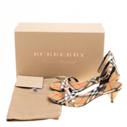 Burberry Beige Novacheck Fabric Hansel Cross Strap Cone Heel Open Toe Sandals Size 36