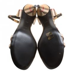 Burberry Beige Novacheck Fabric Hansel Cross Strap Cone Heel Open Toe Sandals Size 36.5
