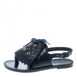 Pre Owned Burberry Navy Blue Leather Kiltie Fringe Eyelet Detail Flat Sandals Size 37