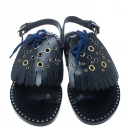 Pre Owned Burberry Navy Blue Leather Kiltie Fringe Eyelet Detail Flat Sandals Size 37