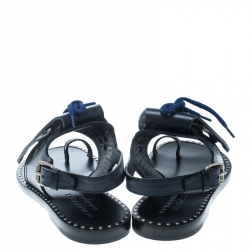 Pre Owned Burberry Navy Blue Leather Kiltie Fringe Eyelet Detail Flat Sandals Size 37