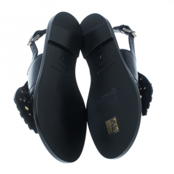 Pre Owned Burberry Navy Blue Leather Kiltie Fringe Eyelet Detail Flat Sandals Size 37