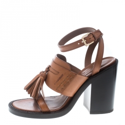 Pre Owned Burberry Cognac Brown Leather Bethany Tassel Detail Block Heel Sandals Size 40