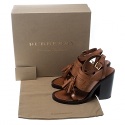 Pre Owned Burberry Cognac Brown Leather Bethany Tassel Detail Block Heel Sandals Size 40