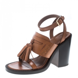 Pre Owned Burberry Cognac Brown Leather Bethany Tassel Detail Block Heel Sandals Size 38