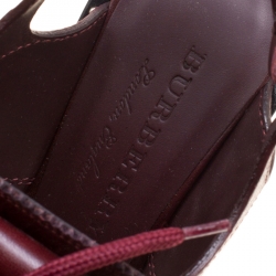 Pre Owned Burberry Burgundy Leather Beverley Eyelet Fringe Detail Block Heel Sandals Size 38