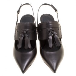 مملوكة مسبقًا Burberry Black Leather Colebert Cut Out Pointed Toe Tassel Detail Slingback Sandals Size 38.5