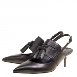 مملوكة مسبقًا Burberry Black Leather Colebert Cut Out Pointed Toe Tassel Detail Slingback Sandals Size 38.5