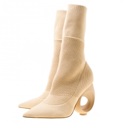 Pre Owned Burberry Beige Cotton Blend Knit With Sculpted Heel Mid-Calf Pointed Toe Boots Size 38