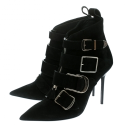 Pre Owned Burberry Black Suede Milner Buckle Detail Pointed Toe Ankle Boots Size 40