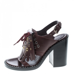 Pre Owned Burberry Burgundy Leather Beverley Eyelet Fringe Detail Block Heel Sandals Size 38