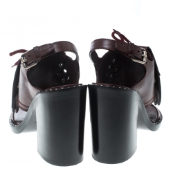 Pre Owned Burberry Burgundy Leather Beverley Eyelet Fringe Detail Block Heel Sandals Size 38