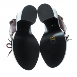 Pre Owned Burberry Burgundy Leather Beverley Eyelet Fringe Detail Block Heel Sandals Size 38
