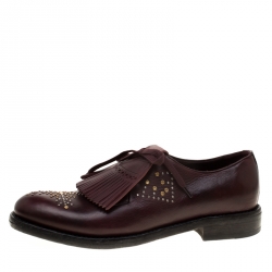 Pre Owned Burberry Burgundy Studded Leather Ampney Fringe Detail Derby Size 39.5