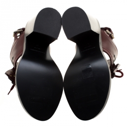 Pre Owned Burberry Burgundy Leather Beverley Eyelet Fringe Detail Block Heel Sandals Size 37