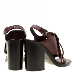 Pre Owned Burberry Burgundy Leather Beverley Eyelet Fringe Detail Block Heel Sandals Size 37
