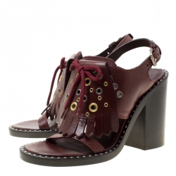 Pre Owned Burberry Burgundy Leather Beverley Eyelet Fringe Detail Block Heel Sandals Size 37