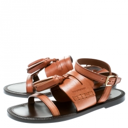 Pre Owned Burberry Cognac Brown Leather Bethany Tassel Detail Flat Sandals Size 38