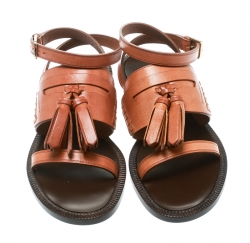 Pre Owned Burberry Cognac Brown Leather Bethany Tassel Detail Flat Sandals Size 38