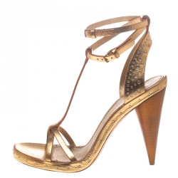 Pre Owned Burberry Metallic Gold Leather Hans T Strap Sandals Size 39.5