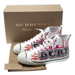 Pre Owned Burberry White Canvas Kingly Mark Print High Top Sneakers Size 40