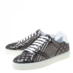 Pre Owned Burberry Metallic Gunmetal Quilted Leather Westford Low Top Sneakers Size 39