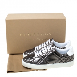 Pre Owned Burberry Metallic Gunmetal Quilted Leather Westford Low Top Sneakers Size 39