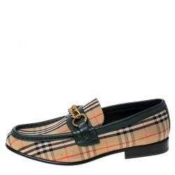 Pre Owned Burberry Green Leather And Beige Check Canvas Moorley Loafers Size 36.5