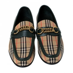 Pre Owned Burberry Green Leather And Beige Check Canvas Moorley Loafers Size 36.5