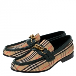 Pre Owned Burberry Green Leather And Beige Check Canvas Moorley Loafers Size 36.5