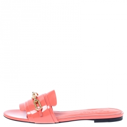 Pre Owned Burberry Coral Orange Patent Leather Coleford Flat Slides Size 37.5
