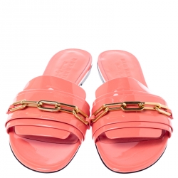 Pre Owned Burberry Coral Orange Patent Leather Coleford Flat Slides Size 37.5