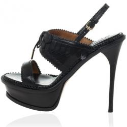 مملوكة مسبقًا Burberry Prorsum Black Leather Fringe Platform Sandals Size 37